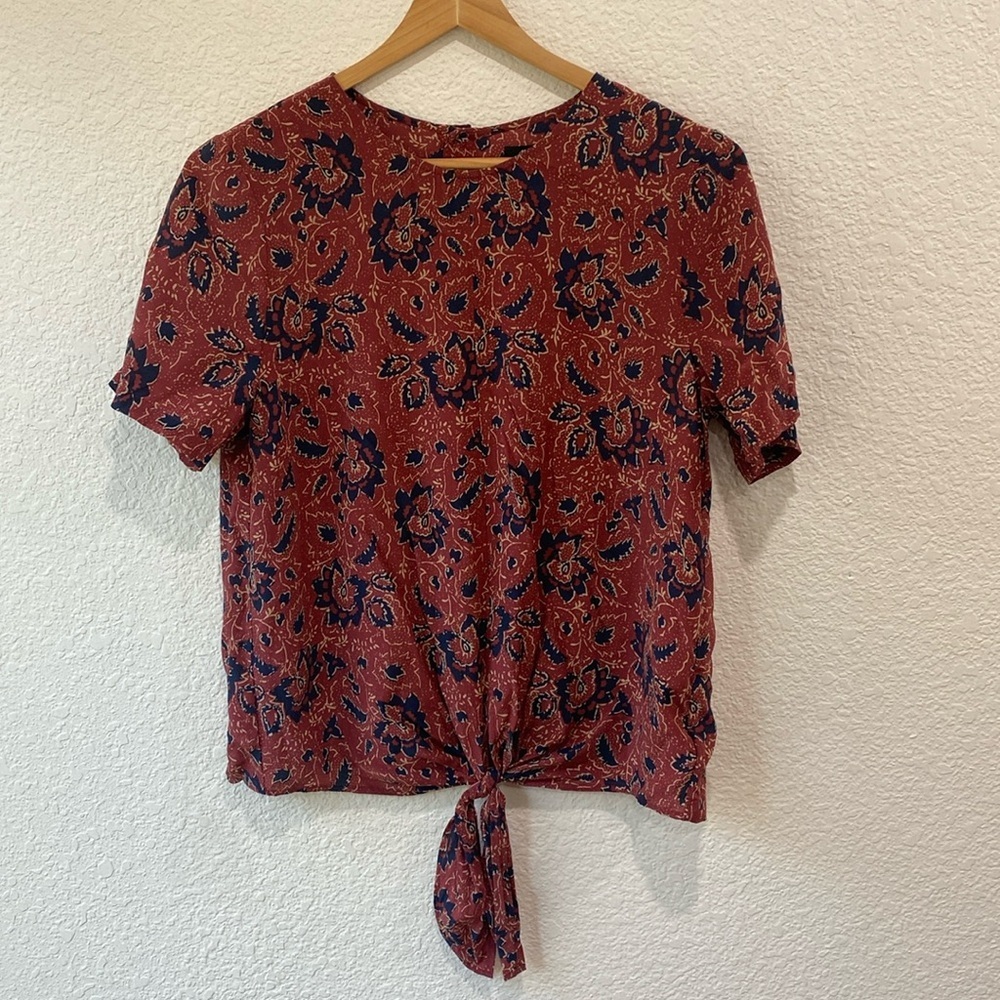 Madewell Women's Silk Button Back Tie Front Assam Floral Short Sleeve Blouse S